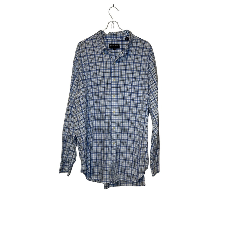 Austin Reed London Mens Shirt Plaid Button Down Long Sleeve Cotton Blue White XL